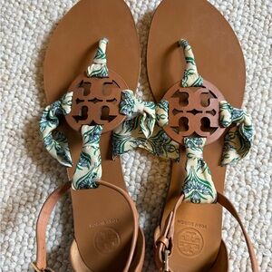 Tory Burch Brown Sandals with Green Leaf Design